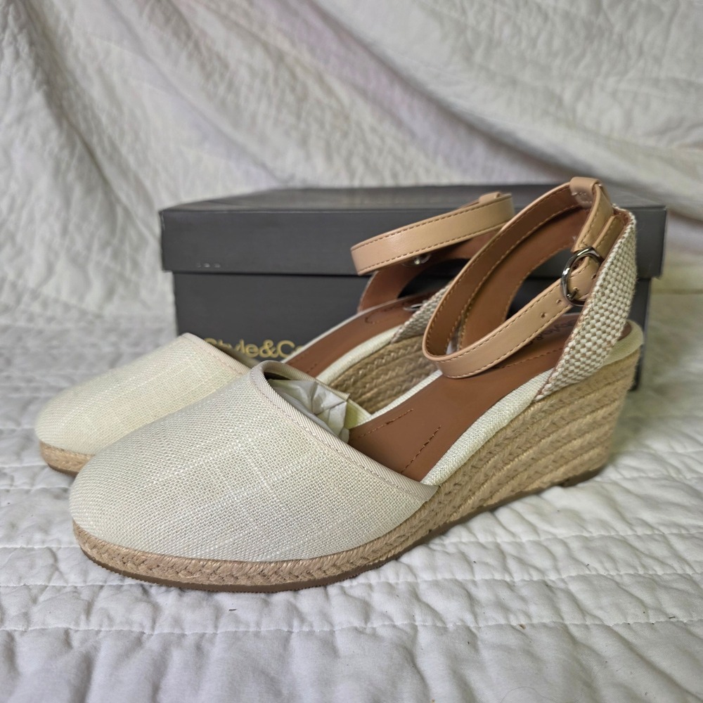 Style & Co Espadrille Wedges Ivory Canvas Linen D'Orsay Sandals Women 6.5 NEW